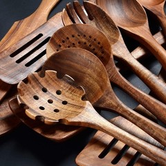 Wooden Cooking Spoons Set 12 Piece Teak Kitchen Utensils Non-Stick Safe