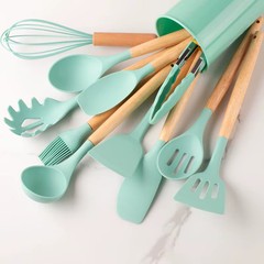 12pcs, Silicone Utensil Set, Khaki Kitchen Utensil Set With Wooden Handle, Safet