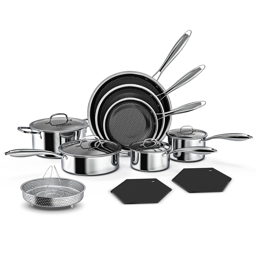 Nonstick Pots and Pans Set, 14 Piece Hybrid Hex Non Stick LARGE, Silver