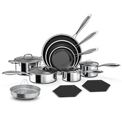 Nonstick Pots and Pans Set, 14 Piece Hybrid Hex Non Stick LARGE, Silver