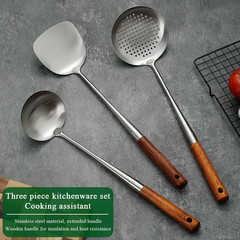 Wok Spatula Set 17″, Heat Resistant Wood Handle Stainless Steel Wok Tools, Ladle