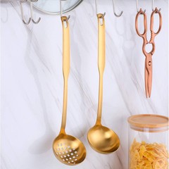 2 Pieces Gold Metal Soup Ladle Colander Set, Long Handle Stainless Steel Kitc…