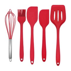 5Pc Silicone Kitchen Utensil Set, Red, Spatulas Whisk Brush, Heat Resistant