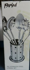 NIB PARINI 7 PC. POLISHED STAINLESS STEEL UTENSIL SET, SPOONS FORK LADLE SPATULA