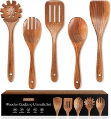 Wooden Spoons Kitchen Utensils Set 5 Pcs Natural Teak Non-Stick Cooking Tools