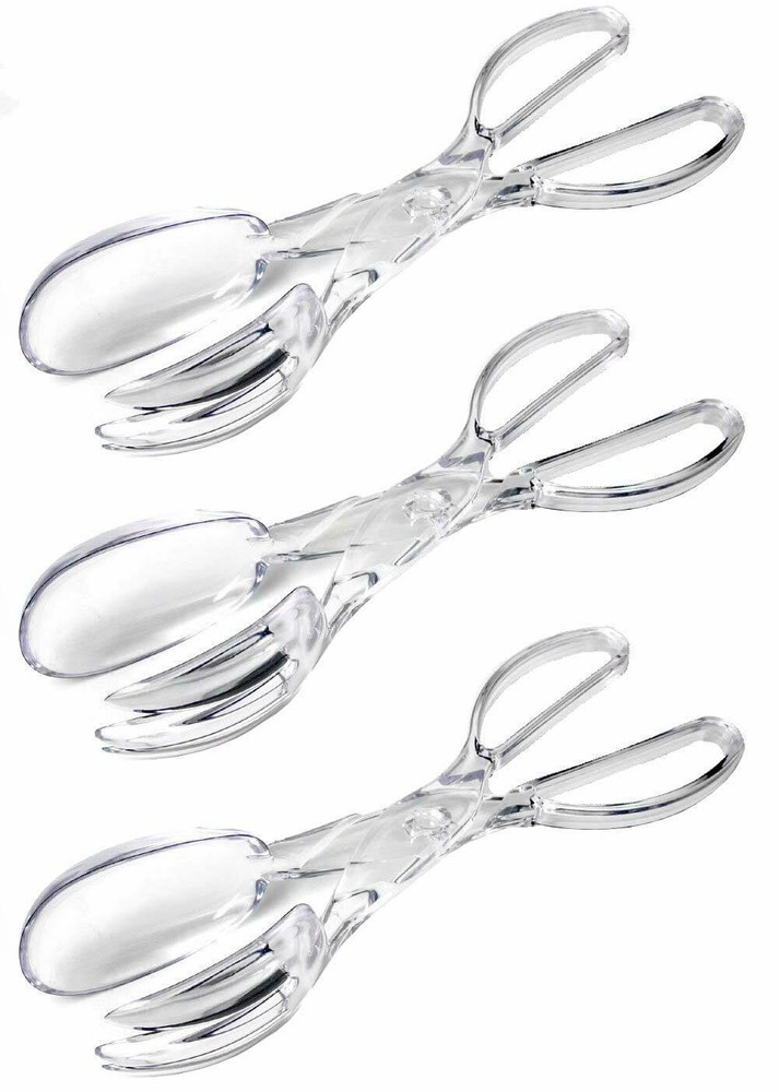 Salad Serving Tongs Plastic Clear Scissor Separates to Spoon & Fork * 3-Pack *