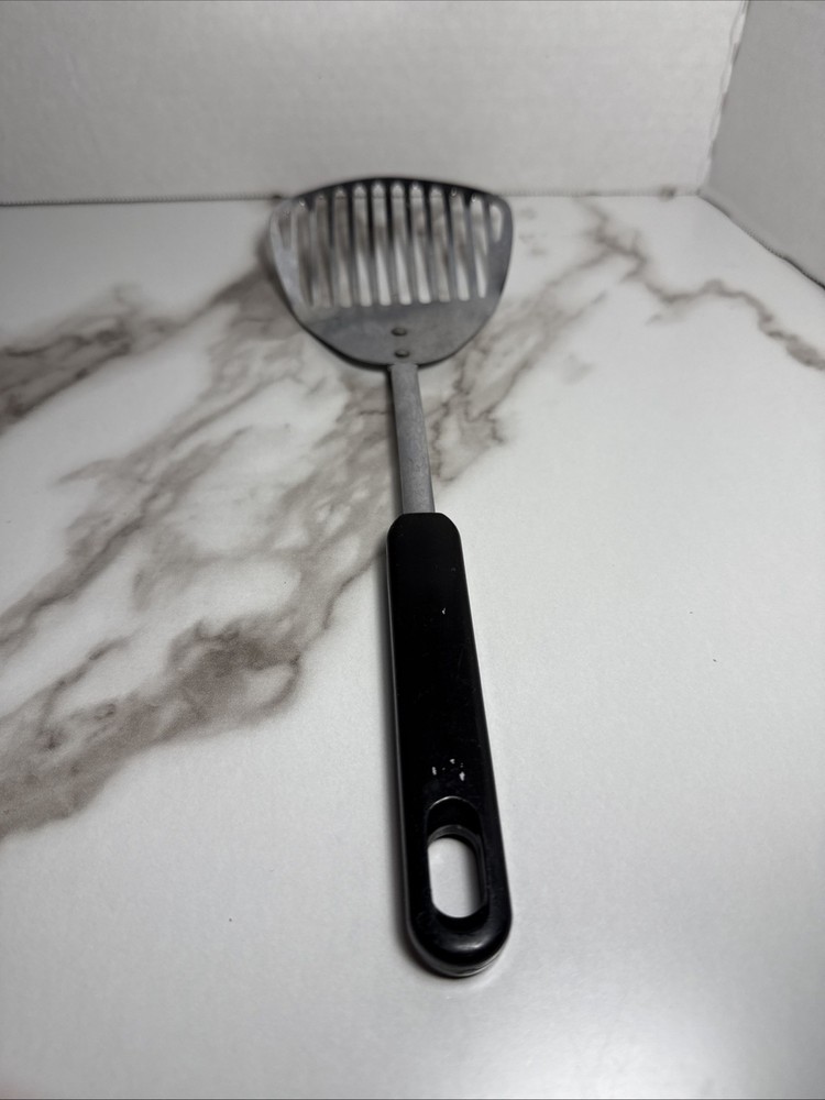 Vintage China Stainless Steel Slotted Skimmer Black Handle Kitchen Utensil