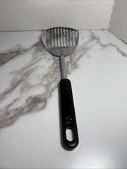 Vintage China Stainless Steel Slotted Skimmer Black Handle Kitchen Utensil