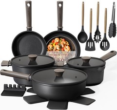Astercook Non Stick Pots and Pans Set, 19 Pcs Kitchen Cookware Sets, Black
