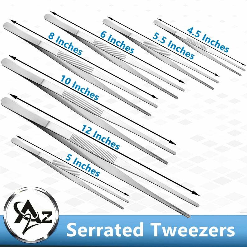 Silver Stainless Steel Long Food Tongs Straight Tweezers Kitchen Serrated Tips