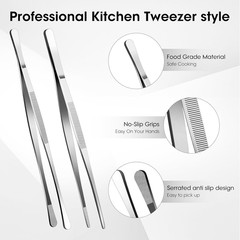 2 Pcs 12-Inch Stainless Steel Kitchen Utensils, Cooking Tongs, Kitchen Tweezers