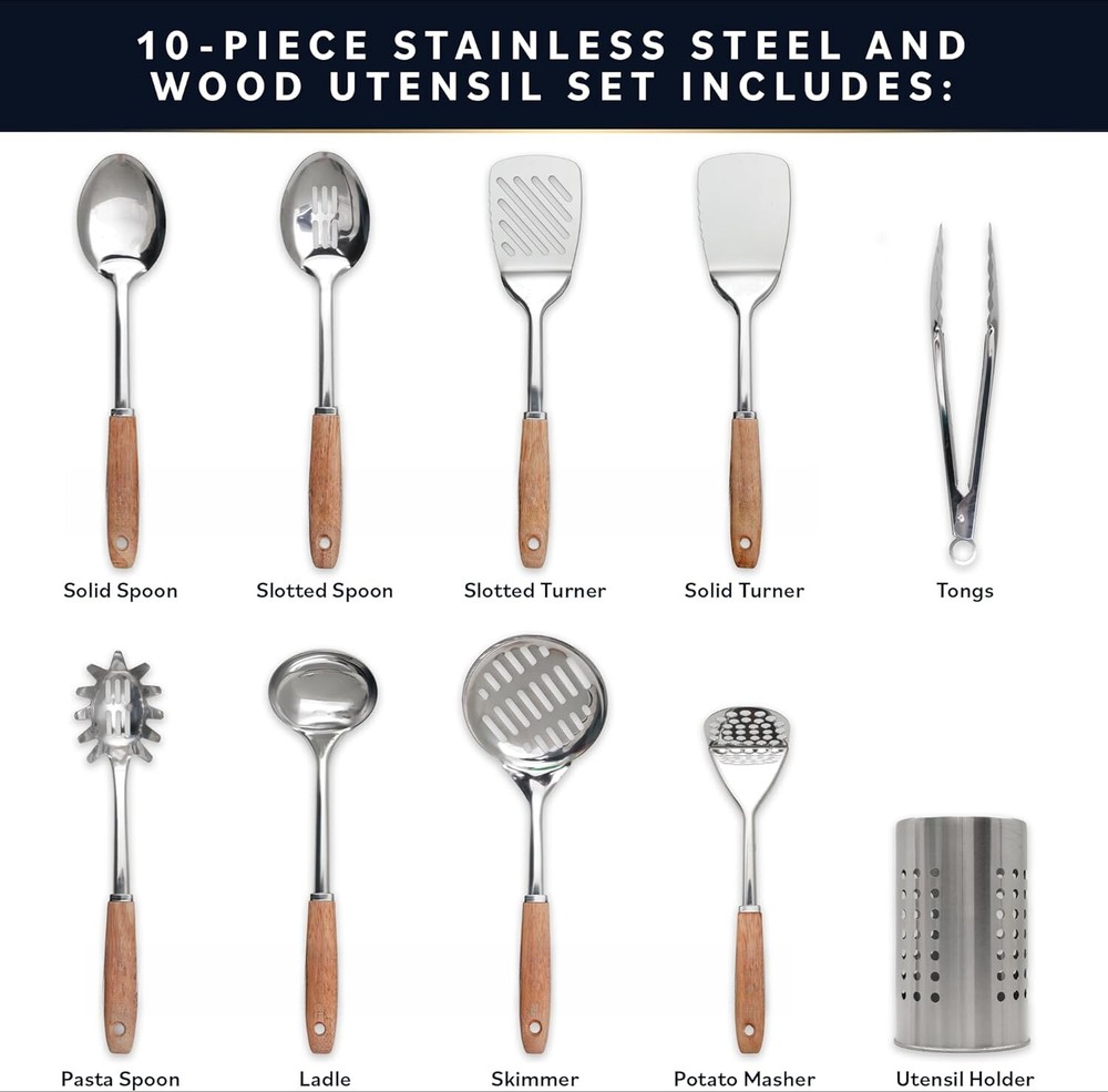10 Piece Stainless Steel Utensil Set – Wood Handle Nonstick Utensil Set (Silver)