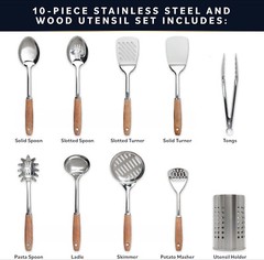 10 Piece Stainless Steel Utensil Set – Wood Handle Nonstick Utensil Set (Silver)