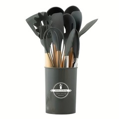 12 PCS Silicone Kitchenware Utensil Set with Wooden Handle & Holder
