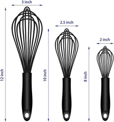 Dishwasher Safe Silicone Whisk, Sealed Waterproof Design Set of 3, Professional