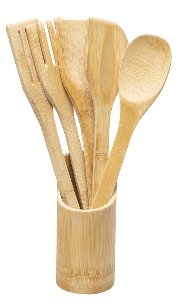 5pc Genuine Bamboo kitchen utensil set + holder 100% Eco-Friendly USA Seller