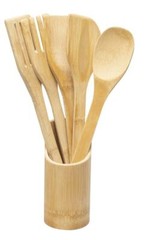 5pc Genuine Bamboo kitchen utensil set + holder 100% Eco-Friendly USA Seller