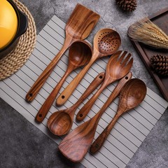 Non-Stick Wooden Kitchen Utensil Set – 7 Natural Teak Tools for Cooking