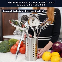 10 Piece Stainless Steel Utensil Set – Wood Handle Nonstick Utensil Set (Silver)