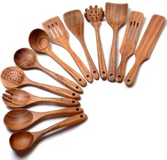 Wooden Cooking Spoons Set 12 Piece Teak Kitchen Utensils Non-Stick Safe