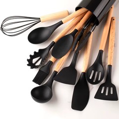 12pcs, Silicone Utensil Set, Khaki Kitchen Utensil Set With Wooden Handle, Safet