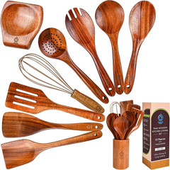 Teak Wooden Utensil Set 10 Piece, Kitchen Cooking Utensils with Holder and Hangi