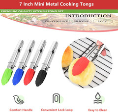 Mini Kitchen Tongs with Silicone Tips, 3-Piece Set, 7-Inch Non-Stick Tongs with