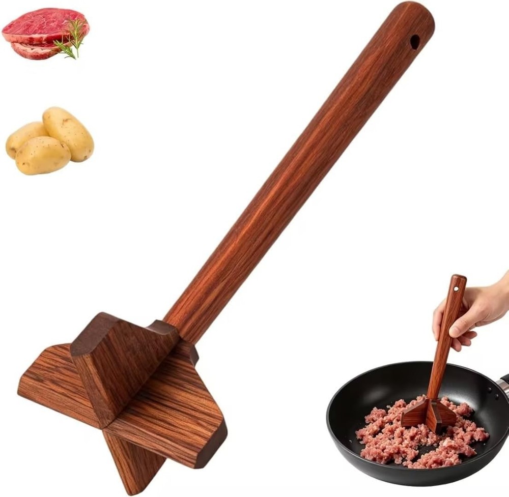 Wooden Ground Beef Masher,Duty Meat Chopper for Ground Beef,Natural Wood