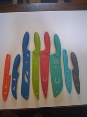 Lot Of Kitchen Kinfes 8 With Plastic Sheaths Used Made In China