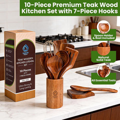 Teak Wooden Utensil Set 10 Piece, Kitchen Cooking Utensils with Holder and Hangi