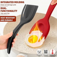 2Pcs 2 in 1 Egg Flipper Spatula Tongs Non Stick Grip Flip Omelet Pancake Black R