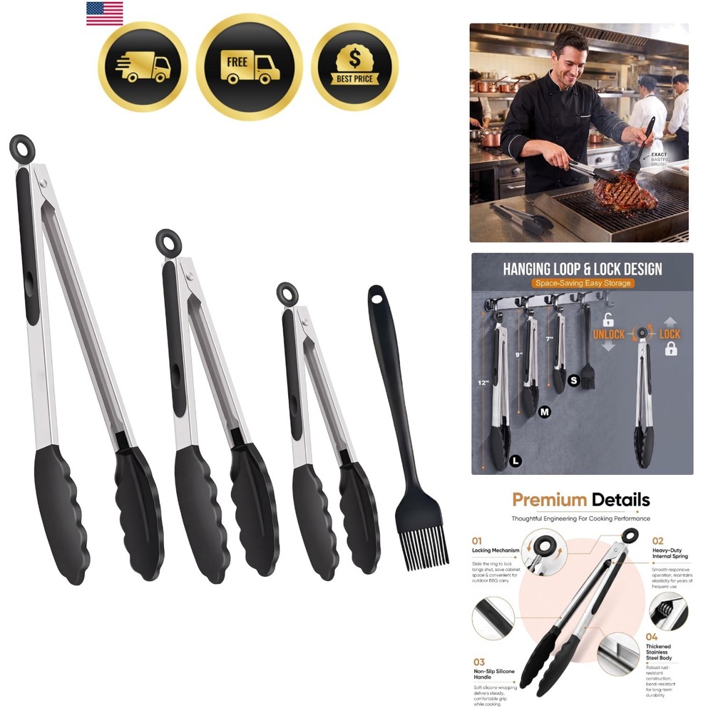 Kitchen Tongs for Cooking, Set of 4 with Oil Brush 7″ 9″ 12″, Heat Resistant …