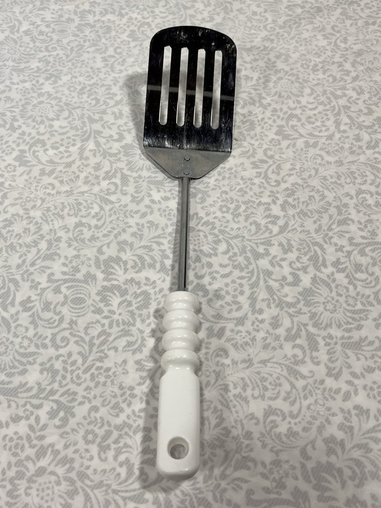 Vtg 1970s Prestige Steel Cooking Spatula Frying Pan Slotted Egg Flipper White