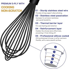 Dishwasher Safe Silicone Whisk, Sealed Waterproof Design Set of 3, Professional