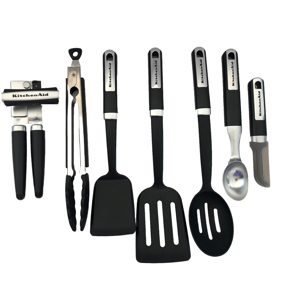New KitchenAid Gourmet Black 7 Piece Utensil Set Can Opener Peeler Tongs