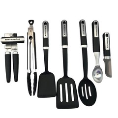 New KitchenAid Gourmet Black 7 Piece Utensil Set Can Opener Peeler Tongs