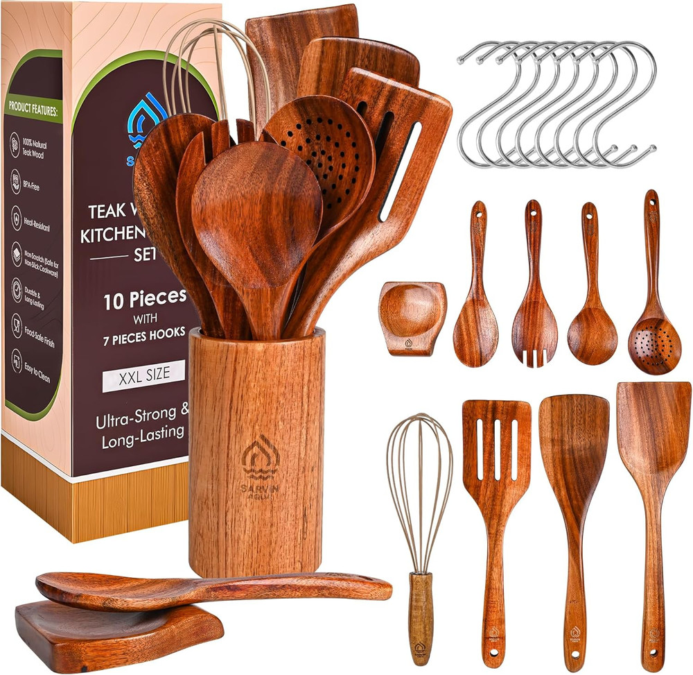 Teak Wooden Utensil Set 10 Piece, Kitchen Cooking Utensils with Holder and Hangi