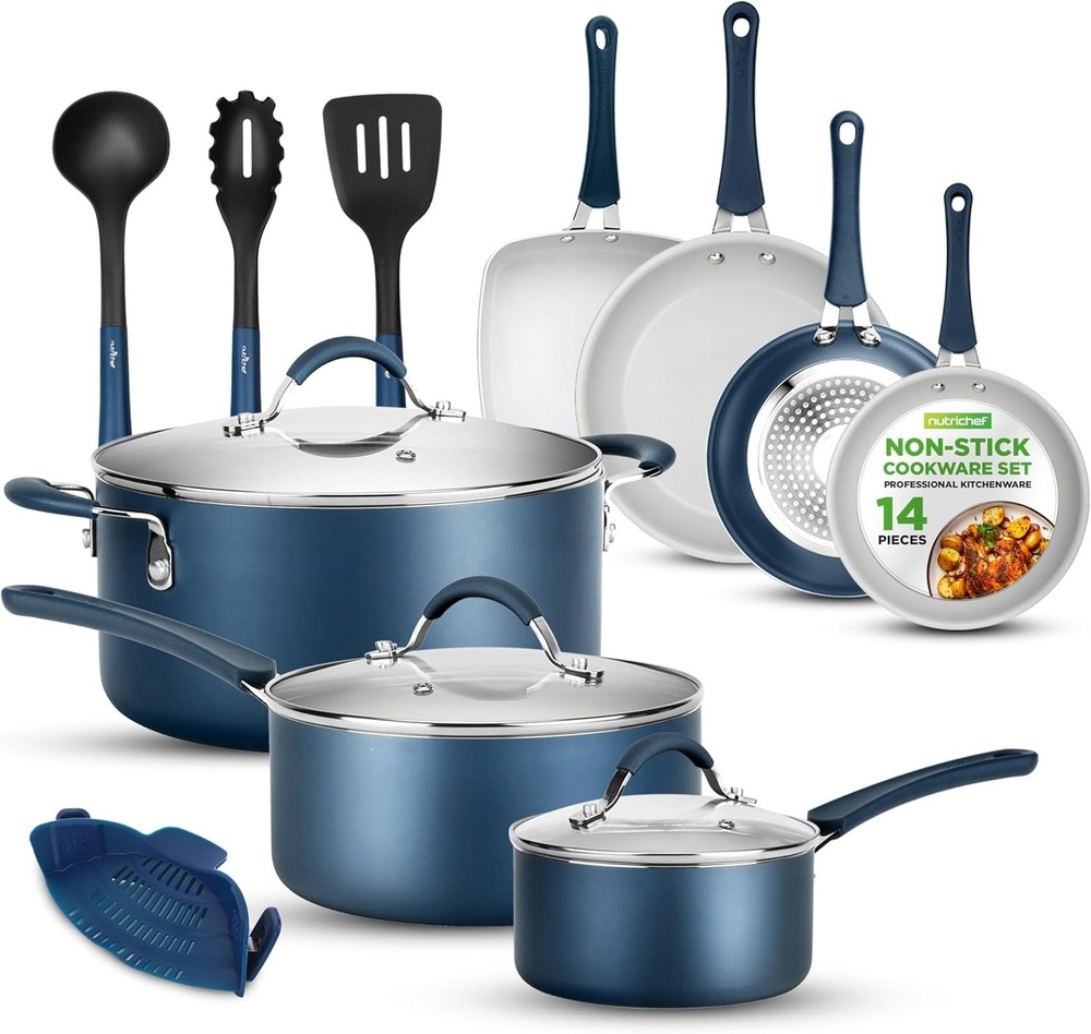 NutriChef NCCW14SBLU 14-Piece Nonstick Cookware Set (Open Box)