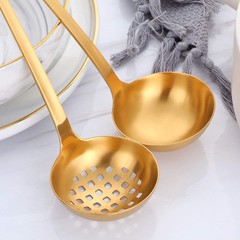 2 Pieces Gold Metal Soup Ladle Colander Set, Long Handle Stainless Steel Kitc…