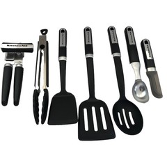 New KitchenAid Gourmet Black 7 Piece Utensil Set Can Opener Peeler Tongs