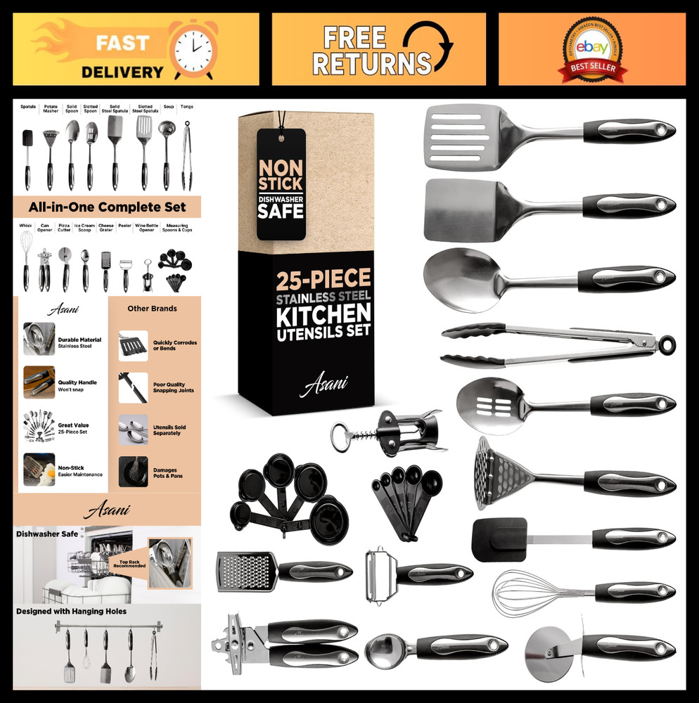 25-Piece Stainless Steel Kitchen Utensil Set | Non-Stick Cooking Tools | Dishwas