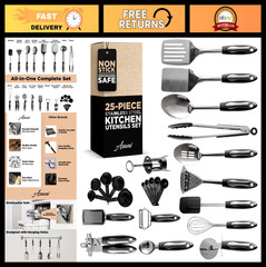 25-Piece Stainless Steel Kitchen Utensil Set | Non-Stick Cooking Tools | Dishwas