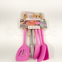 5 Pieces Kitchen Utensil Tools Set Silicone & Stainless Steel & Wood New Pink