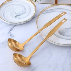 2 Pcs Soup Ladle Spoons Gold Cookware Serving Long Handle Steel Slotted Spoon Co