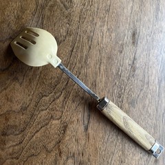 Vintage Unbranded Almond Cream Nylon Slotted Spoon Wood Riveted Handle 12”