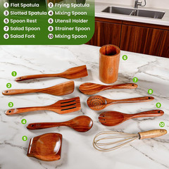 Teak Wooden Utensil Set 10 Piece, Kitchen Cooking Utensils with Holder and Hangi