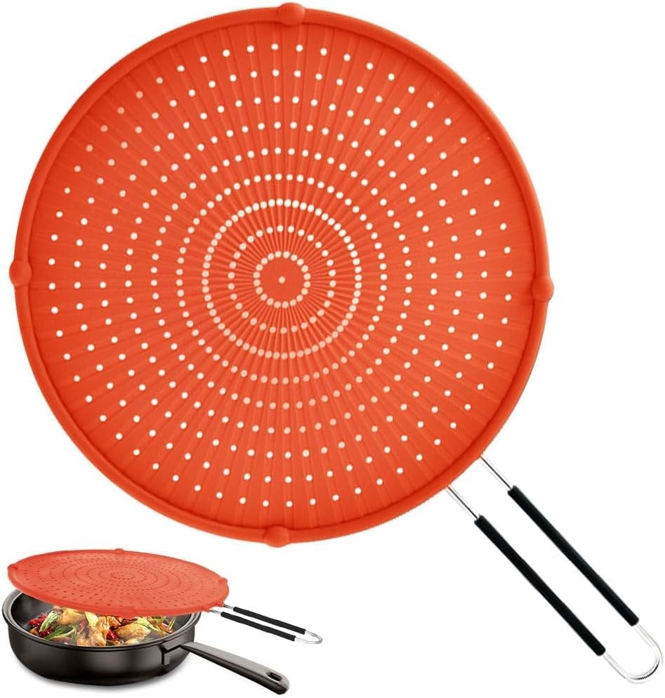 Splatter Screen for Frying Pan, Grease Guard, Heat-Resistant Red