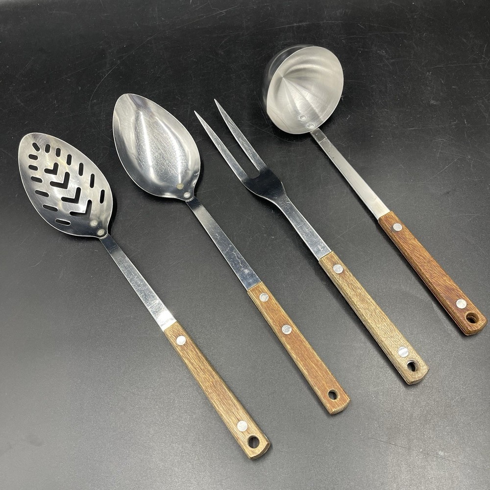 Vintage Stainless Steel Cooking Utensils Wood Handle Japan Unbranded Set of 4
