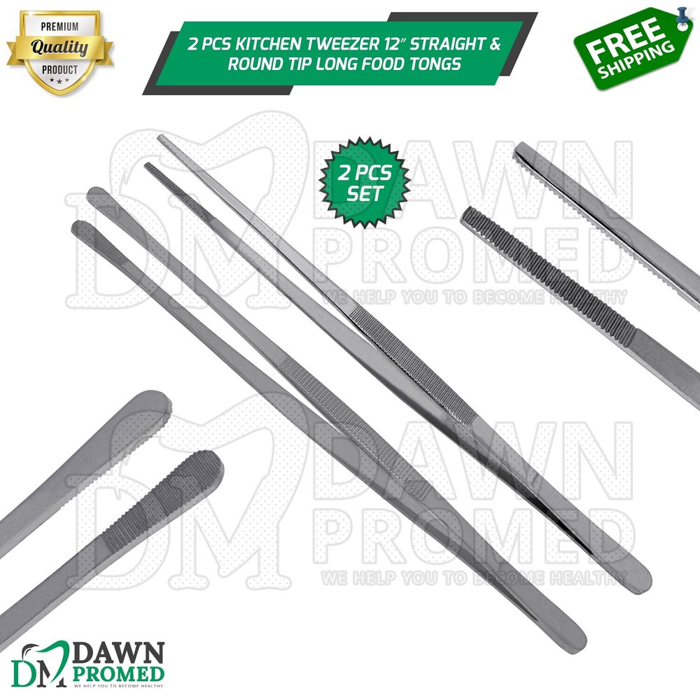 2 Pcs Kitchen Tweezer 12″ Straight & Round Tip Set Long Food Tongs Chef DIY Tool