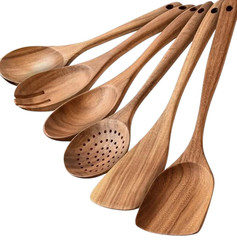 6 PC Teak Wood Wooden Spoons for Cooking Tools Kitchen Utensils Spatula Set